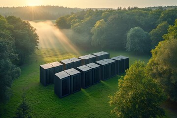 Green data center in the middle of the forest - obrazy, fototapety, plakaty
