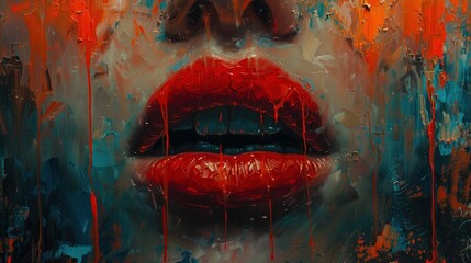 Graphic image of red lips with color flowing onto the floor. Street art concept