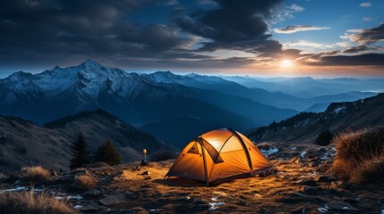 A lone tent pitched on a mountain ridge, starry night sky above, distant peaks visible, showcasing t