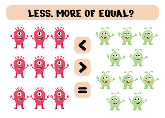 Game for preschoolers. Less, more or equal with cute monsters. Vector illustration. Printable sheet