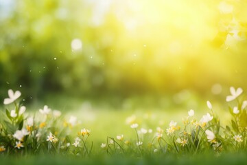 Bright sunny meadow with wildflowers and soft bokeh effect. - obrazy, fototapety, plakaty