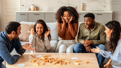 Diverse group of friends playing board game in living room © Prostock-studio