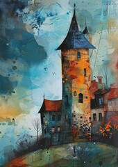 Greeting card illustration of Irish Castle Tower in Green Landscape. Irish Castle Tower.