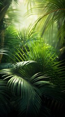 Fototapeta na wymiar lush green leaves of tropical palm trees in rainforest