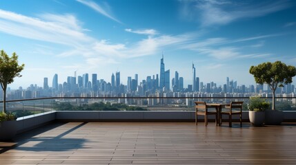 A panoramic view from a rooftop terrace, the urban landscape stretching to the horizon, the sense of