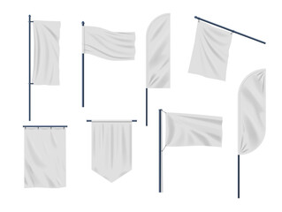Set Of Realistic, White Pennants And Flags 3d Vector Mockups. Isolated Blank Banner Template For Advertising Designs
