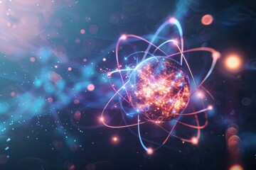 Abstract Quantum Physics Concept with Glowing Atomic Particle - obrazy, fototapety, plakaty