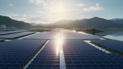 floating solar panels, floating solar park drone shot, eco friendly green tech, green energy