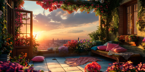 cozy terrace with many flowers with a sunset view - obrazy, fototapety, plakaty