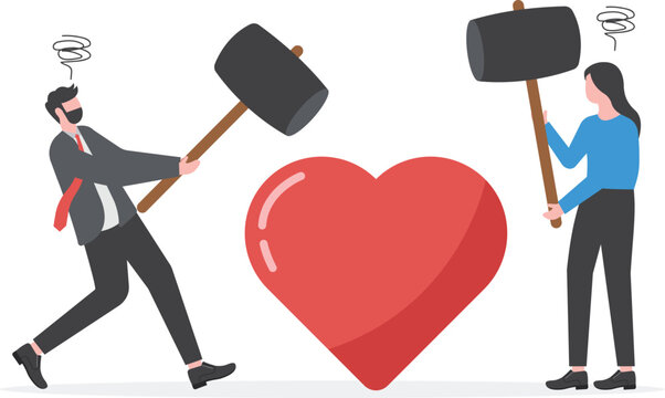 Marriage difficulties problem, divorce or violence or painful in broken relationship couple concept, angry couple husband and wife using big hammer to hit broken heart shape metaphor of family problem