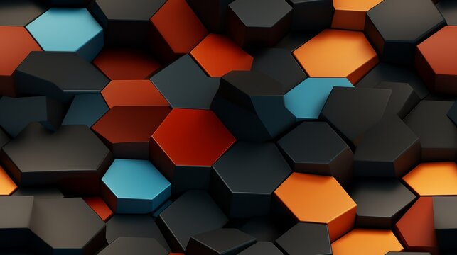 Black orange and blue 3D hexagons background