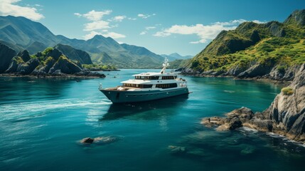 A sophisticated yacht navigating through a serene archipelago, the islands' lush greenery and rocky