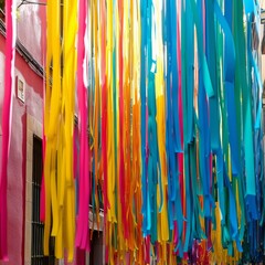 colorful streamers hanging from strings in the street
