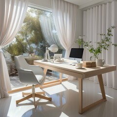 Sunny home office with a modern design, minimalistic furniture, and a view.