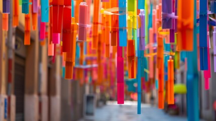 Obraz premium colorful streamers hanging from strings in the street 