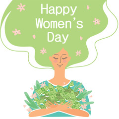 Greeting card design with illustration of young girl with money for Happy Womens Day celebration on white background.