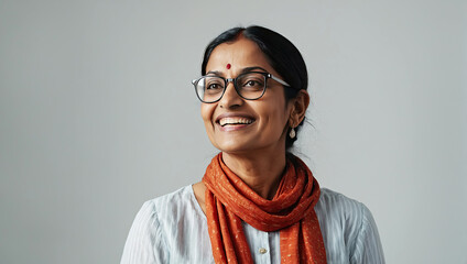 Adult happy Indian woman wearing eyeglasses on a gray solid background with copy space.  - obrazy, fototapety, plakaty