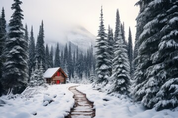 Fototapeta premium A Cabin in a Snowy Forest