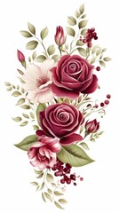 Vintage watercolor burgundy red rose and white magnolia flower bouquet