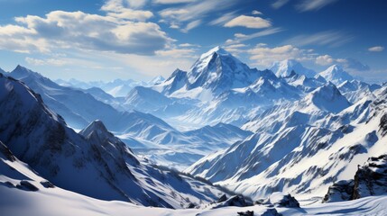 Obraz premium A remote mountain range in the heart of winter, the peaks covered in snow, the stark beauty of the l