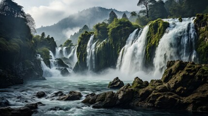 A majestic waterfall cascading down a rocky cliff, mist rising from the thunderous water, the surrou