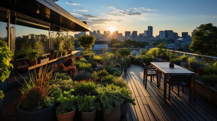 A rooftop garden in a modern city, lush greenery contrasting with the urban skyline, residents enjoy
