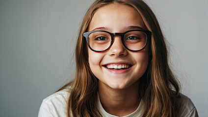 Fototapeta premium happy schoolgirl teenager wearing eyeglasses on a gray solid background with copy space. 