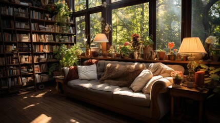 A peaceful home library at evening, shelves lined with well-loved books, a comfortable reading nook - obrazy, fototapety, plakaty