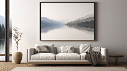 A modern living room with a blank white empty frame, showcasing a serene, black and white photograph of a tranquil lake at sunrise.