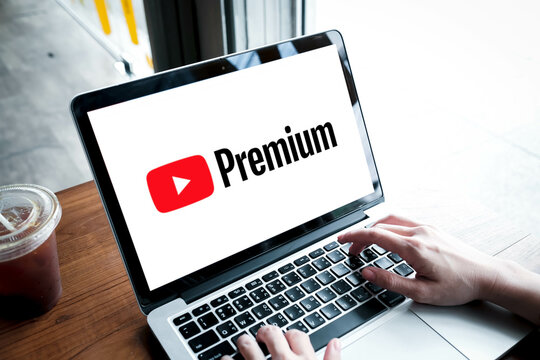 Bangkok. Thailand. FEB 19, 2024 : Man using a laptop to connect to YouTube Premium website home page. YouTube is a video-sharing website, created owned by Google.