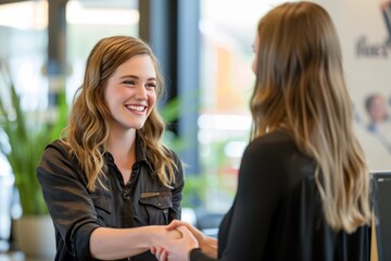 Smiling, casually-dressed young woman shaking hands in a bright and modern office environment.