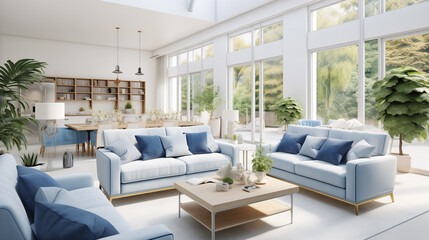 modern living room interior design decorated with blue sofas and green plants, comfortable relaxing minimalist interior design concept