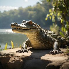 crocodile near lake on stone rock, stone ,rock,