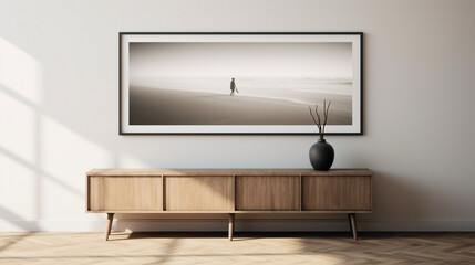 A modern living room with a blank white empty frame, showcasing a serene, black and white photograph of a lone figure walking along a misty beach.