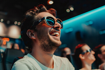 Happy man laughing in a movie theater watching a cinema movie