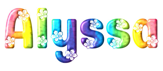 Alyssa - multicolor - written with engraved typical Hawaiian hibiscus flowers- ideal for websites, e-mail, sublimation greetings, banners, cards, t-shirt, sweatshirt, prints, cricut,	 - obrazy, fototapety, plakaty