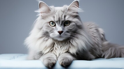 A graceful cat with sleek fur and piercing eyes, lounging elegantly against a pure white background,
