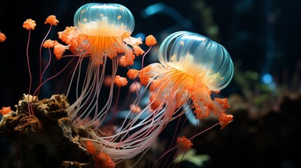 A serene and mysterious deep-sea landscape, bioluminescent creatures casting a gentle glow in the da