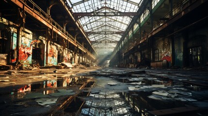 A deserted factory with rusting machinery, large broken windows allowing light to cast dramatic shad