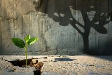 Recovery and Challenge in Life or Business Concept.Economic Crisis Symbol.New Green Sprout Plant Growth in Cracked Concrete and Shading a Big Tree Shadow on the Wall. generative ai.