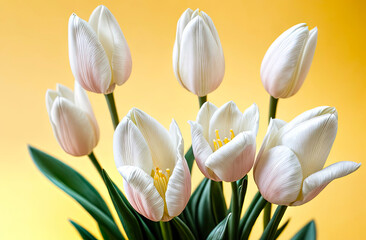 A bouquet of white tulips on on yellow solid background A festive birthday card, March 8th, a spring gift.