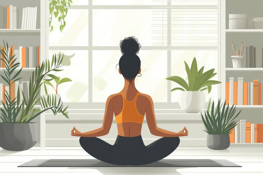 Healthy woman practicing relaxation yoga at home