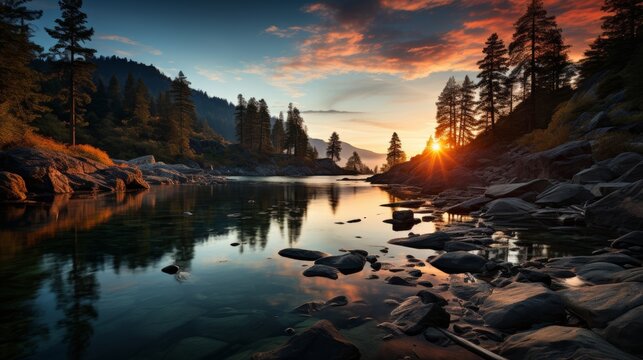 A serene alpine lake at sunset, the sky ablaze with colors, the silhouettes of pine trees framing th