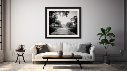 A modern living room with a blank white empty frame, showcasing a captivating, black and white photograph of a renowned architectural masterpiece.