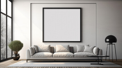 A modern living room with a blank white empty frame, showcasing a captivating, black and white photograph of a renowned architectural masterpiece.