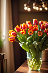 A bouquet of red tulips in a vase on the table in interior. A festive birthday card, March 8th, a spring gift.
