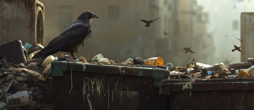 A beautiful bird perched on top of a dirty trash bin in the urban environment - Powered by Adobe