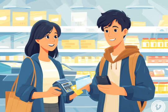 Happy cashier holds credit card reader while customer is paying with smart phone at supermarket