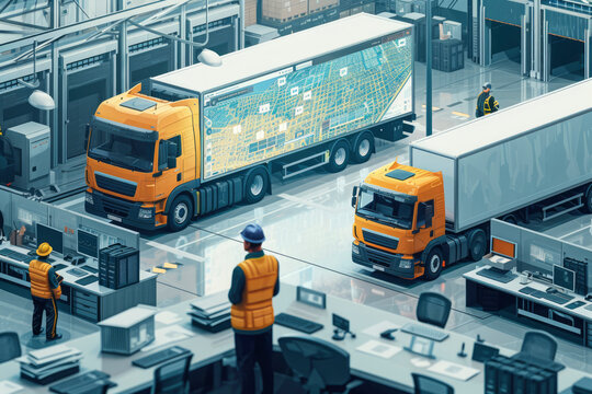 High-Tech International Logistics Office with Multiethnic Specialists Using Satellite Technology to Track a Fleet of Delivery Vehicles on a City Map