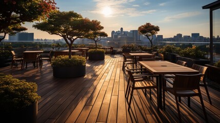 A modern rooftop café overlooking the city skyline, sleek and minimalistic design harmonizing with